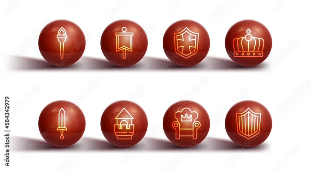Set line Torch flame, Medieval sword, King crown, throne, Castle tower, flag, Shield and icon. Vector Set line Torch flame, Medieval sword, King crown, throne, Castle tower, flag, Shield and icon. Vector