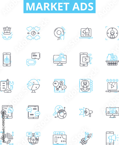 Market ads vector line icons set. Advertising, Markets, Promotions, Placement, Commercials, Campaigns, Spots illustration outline concept symbols and signs