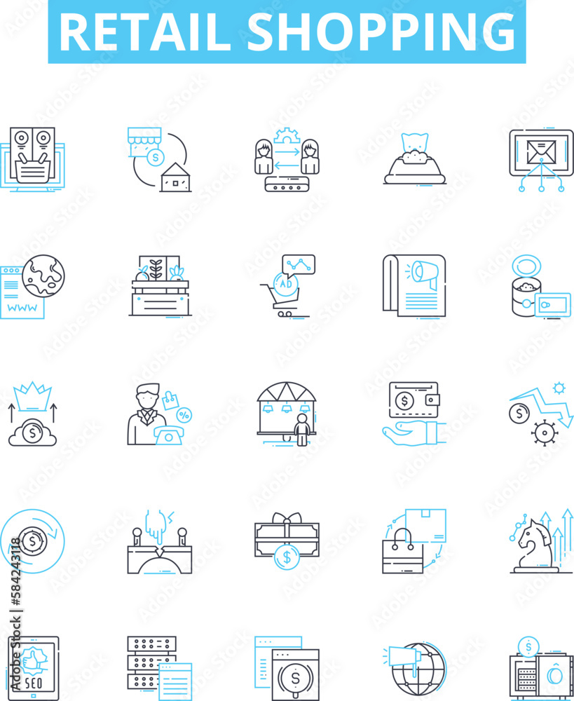 Retail shopping vector line icons set. Retail, Shopping, Store, Shopping Centre, Mall, Outlet, Shop illustration outline concept symbols and signs Retail shopping vector line icons set. Retail, Shopping, Store, Shopping Centre, Mall, Outlet, Shop illustration outline concept symbols and signs