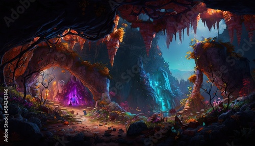 fantasy journey cave with colorful light glow inside, Generative Ai