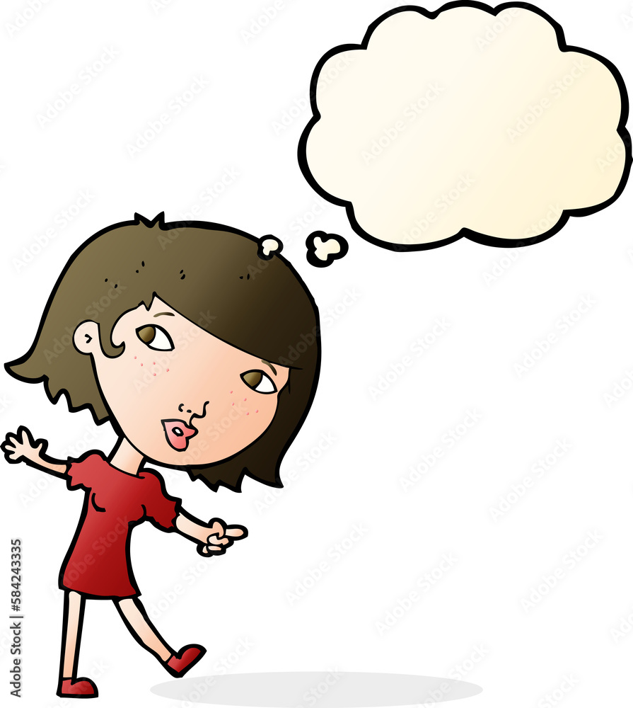 cartoon happy girl gesturing to follow with thought bubble cartoon happy girl gesturing to follow with thought bubble