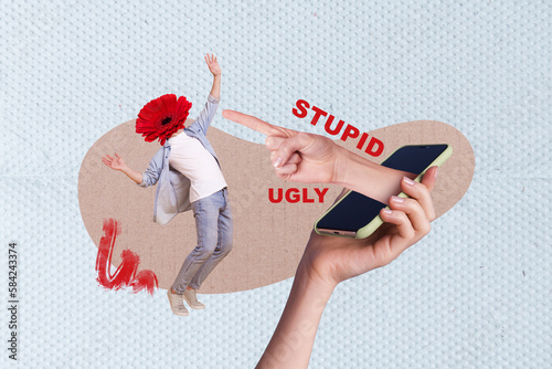Creative collage minimal template of young headless red flower funny man smartphone app cyberbullying aggression isolated on blue color background