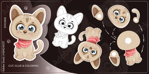 Kids game with cute kitten, cut and glue, coloring kitten