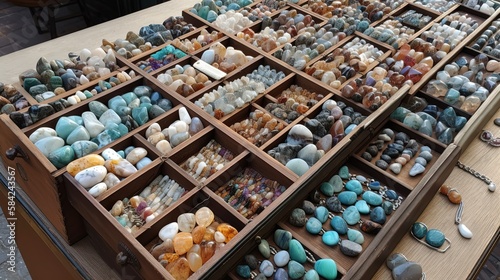 market street stall selling many kind of gemstone, idea for local SME business vendor support theme, Generative Ai