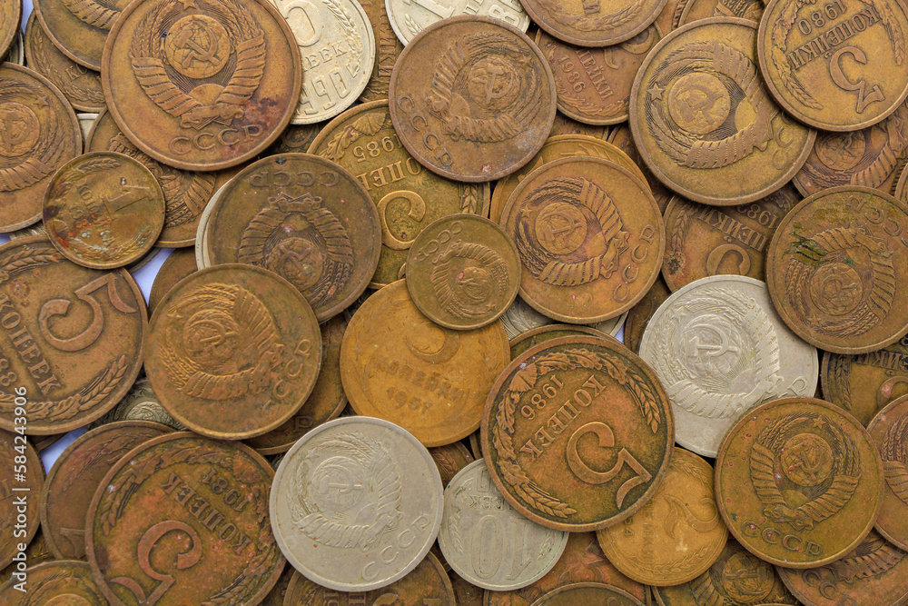 Soviet coins close up. USSR coins, top view. Old coins for numismatics. Historical heritage. Background Soviet coins close up. USSR coins, top view. Old coins for numismatics. Historical heritage. Background
