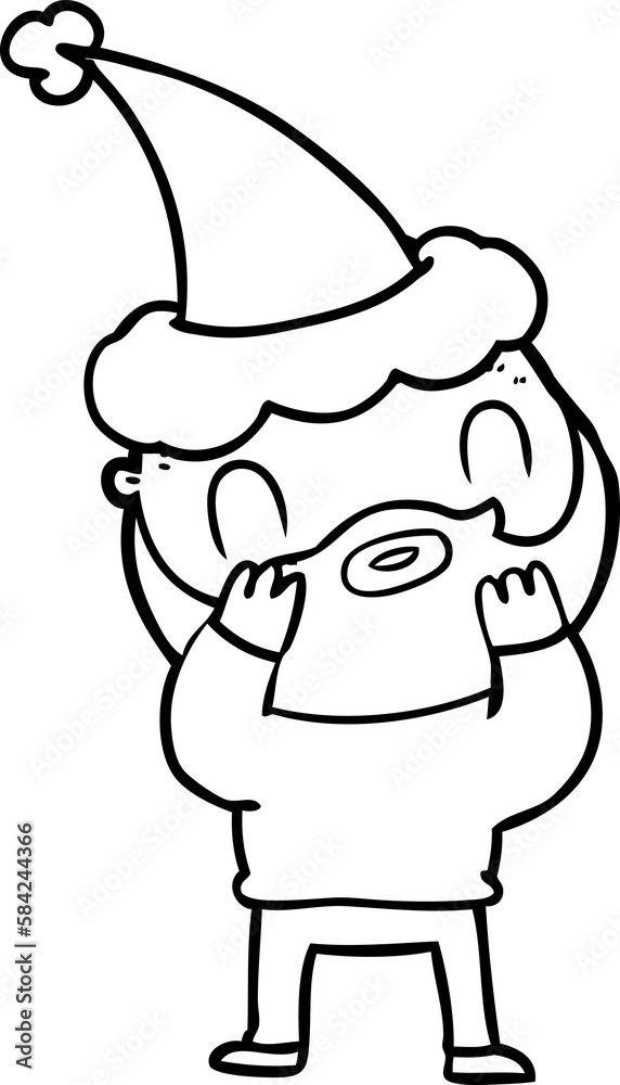 line drawing of a bearded man wearing santa hat