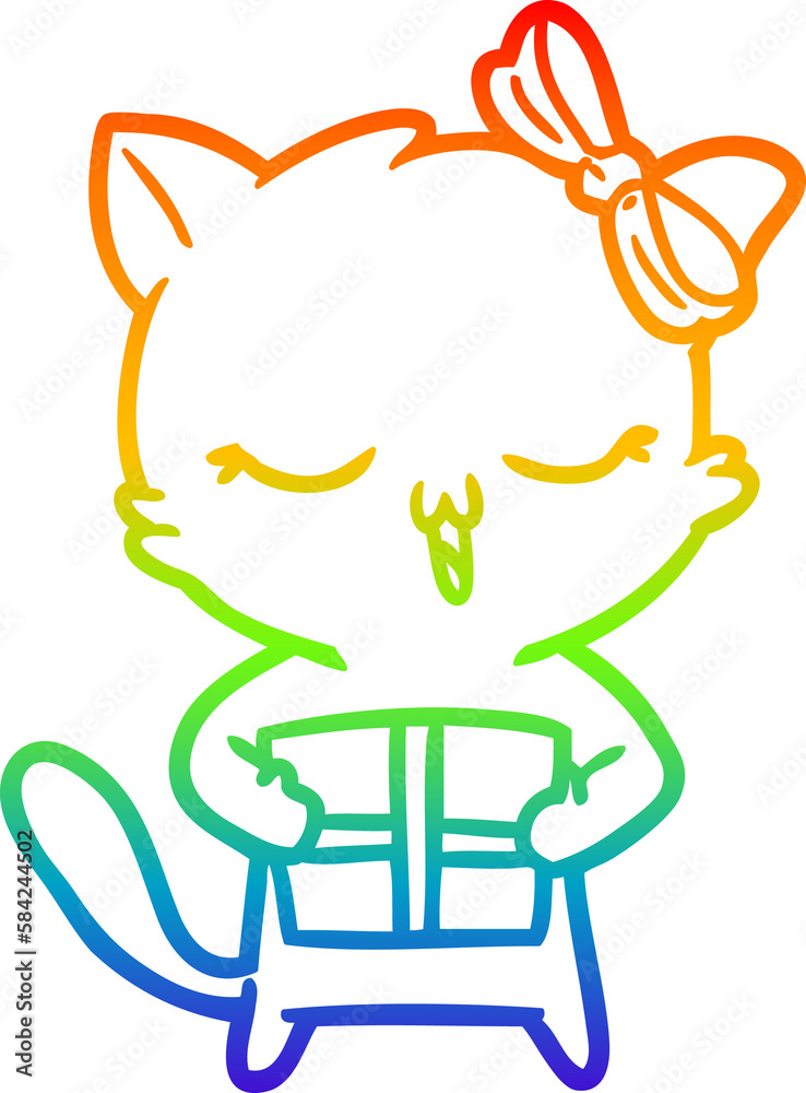 rainbow gradient line drawing cartoon girl cat with christmas present