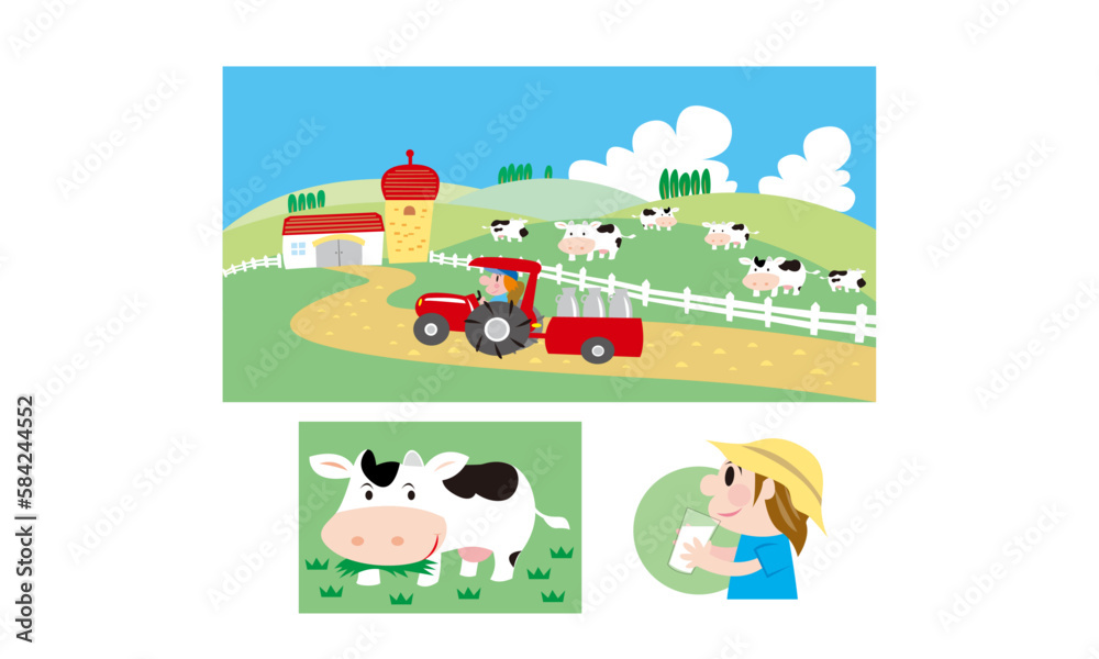 牧場と赤いトラクター、牛乳を飲むかわいい女の子のイラスト