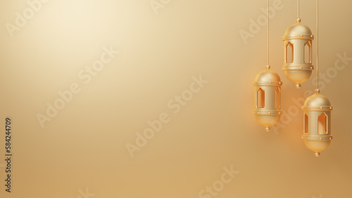 Islamic golden lantern decoration background for ramadan kareem, mawlid, iftar, isra miraj, eid al fitr adha, muharram 3d illustration