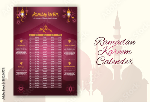 Ramadan time calendar 2023 With Prayer times in Ramadan. Ramadan Schedule - Fasting, Iftar, and Prayer timetable. Islamic background design with mosque and lamp.