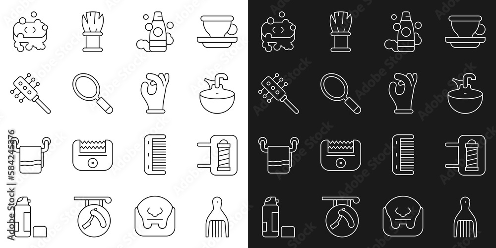 Set line Barrette, Barber shop pole, Washbasin, Bottle of shampoo, Hand mirror, Hairbrush, soap with foam and Medical rubber gloves icon. Vector Set line Barrette, Barber shop pole, Washbasin, Bottle of shampoo, Hand mirror, Hairbrush, soap with foam and Medical rubber gloves icon. Vector