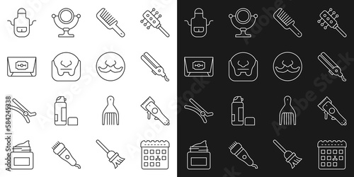 Set line Calendar with haircut day, Electrical clipper, Curling iron, Hairbrush, Mustache and beard, Blade razor, Barber apron and icon. Vector