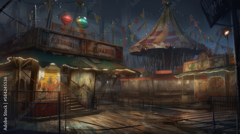 Creepy, Abandoned and Haunted Amusement Park, Fairground, Circus, Digital Illustration, Concept Art, Generative AI