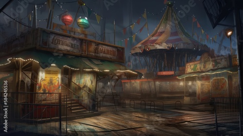 Creepy, Abandoned and Haunted Amusement Park, Fairground, Circus, Digital Illustration, Concept Art, Generative AI
