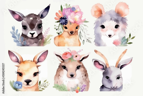 set of funny cartoon animals, watercolor design, vector