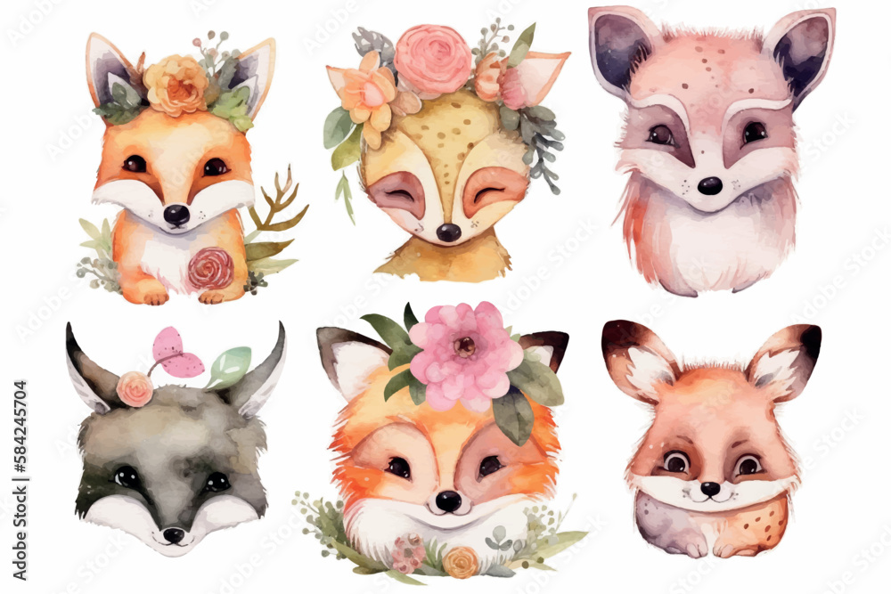 Obraz premium set of funny cartoon animals, watercolor design, vector