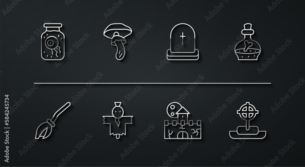 Set line Eye in a jar, Witches broom, Bottle with potion, Castle, fortress, Scarecrow, Psilocybin mushroom, Tombstone cross and RIP written icon. Vector Set line Eye in a jar, Witches broom, Bottle with potion, Castle, fortress, Scarecrow, Psilocybin mushroom, Tombstone cross and RIP written icon. Vector