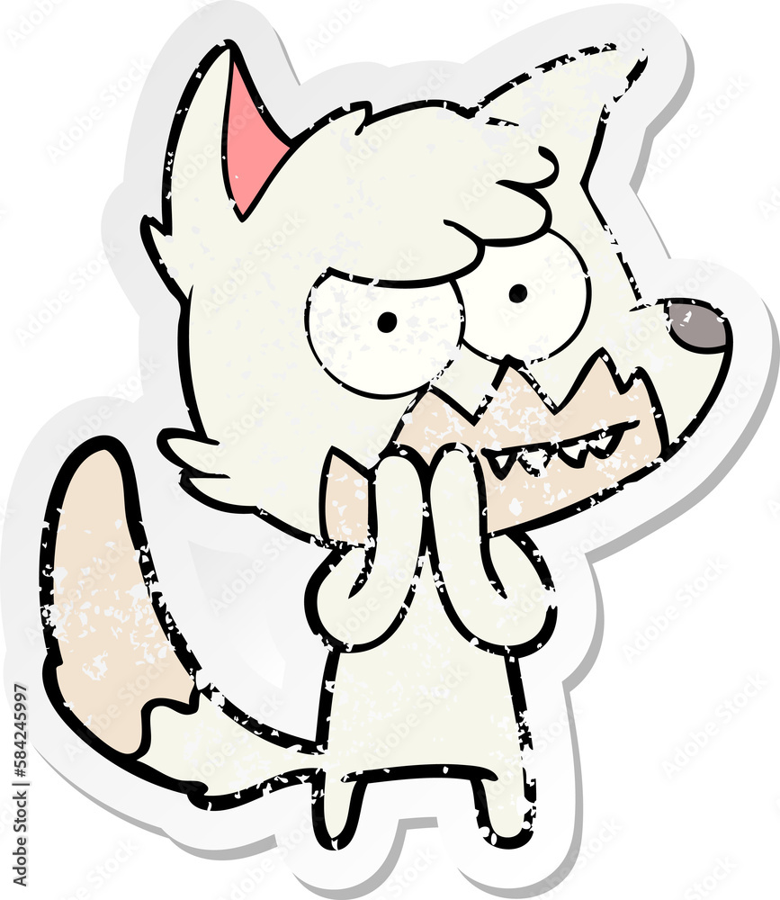 distressed sticker of a cartoon grinning fox distressed sticker of a cartoon grinning fox