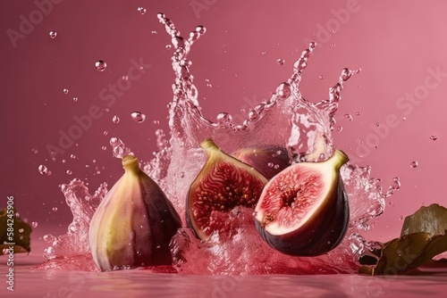 Fresh figs and water Splashing on a pink background illustration generative ai