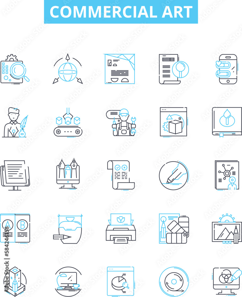 Commercial art vector line icons set. Advertising, Graphics, Illustration, Logos, Typography, Calligraphy, Design illustration outline concept symbols and signs