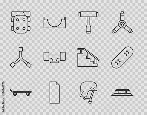 Set line Skateboard, stairs with rail, T tool, Grip tape on skateboard, Knee pads, wheel, helmet and icon. Vector