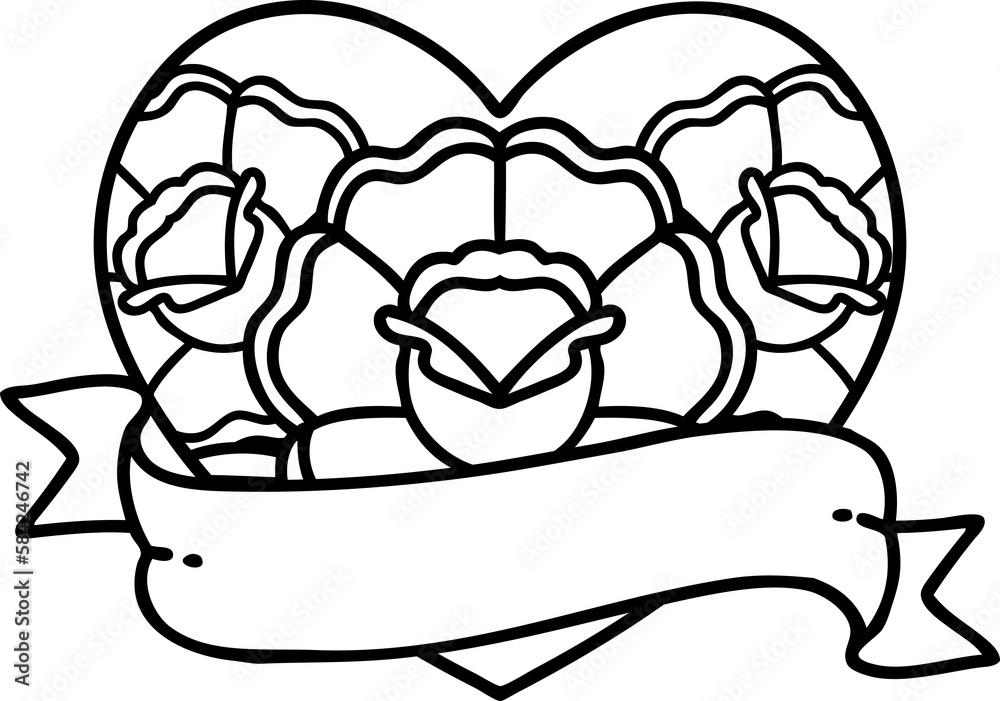 black line tattoo of a heart and banner with flowers black line tattoo of a heart and banner with flowers