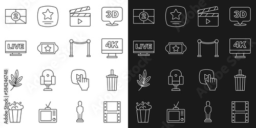Set line Play video, Paper glass with water, Screen tv 4k, Movie clapper, Cinema ticket, Live stream, Old film movie countdown frame and Rope barrier icon. Vector