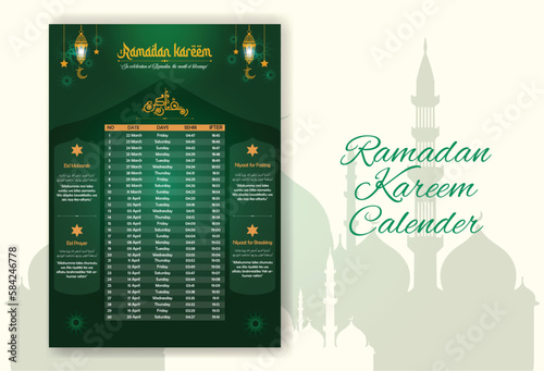 Ramadan time calendar 2023 With Prayer times in Ramadan. Ramadan Schedule - Fasting, Iftar, and Prayer timetable. Islamic background design with mosque and lamp.