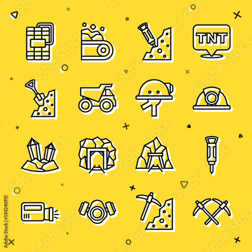 Set line Pickaxe, Construction jackhammer, Miner helmet, Mining dump truck, Shovel and stone, Dynamite and icon. Vector