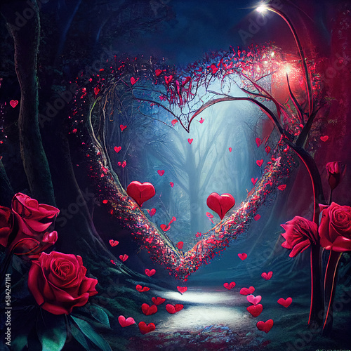 Rose heart decoration Generative AI Valentines day blue background with heart outline red and pink roses in front beautiful composition, dark forest love scene, love path in wilderness