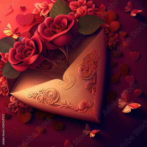 Rose heart decoration Generative AI Valentines day card smokey purple and red background with red heart with golden outline and red and pink roses in front beautiful composition
