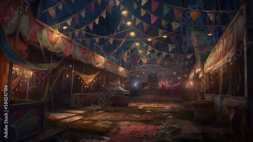 Creepy, Abandoned and Haunted Amusement Park, Fairground, Circus, Digital Illustration, Concept Art, Generative AI