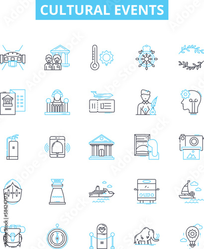 Cultural events vector line icons set. Festivals  Concerts  Parades  Rituals  Traditions  Ceremonies  Pageants illustration outline concept symbols and signs