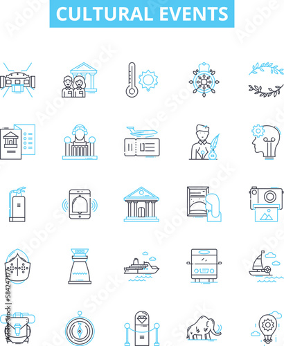 Cultural events vector line icons set. Festivals, Concerts, Parades, Rituals, Traditions, Ceremonies, Pageants illustration outline concept symbols and signs