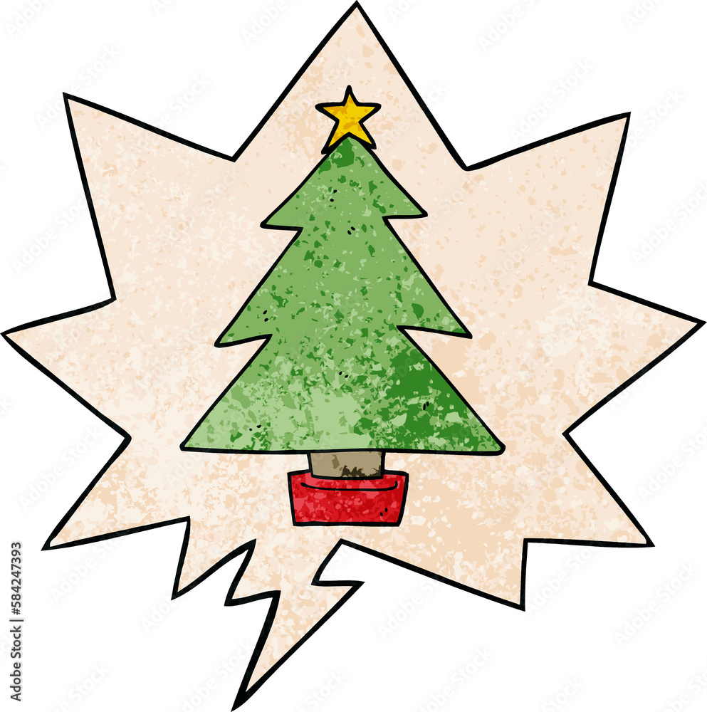 Fototapeta premium cartoon christmas tree and speech bubble in retro texture style