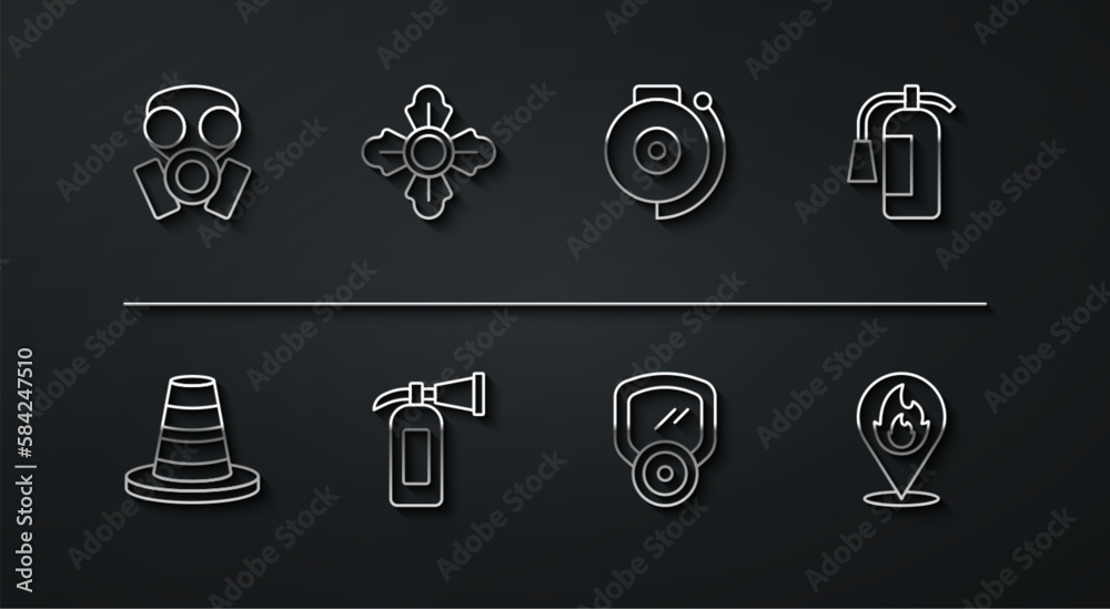 Set line Gas mask, Traffic cone, Fire extinguisher, Firefighter, Location with fire flame and Ringing alarm bell icon. Vector Set line Gas mask, Traffic cone, Fire extinguisher, Firefighter, Location with fire flame and Ringing alarm bell icon. Vector