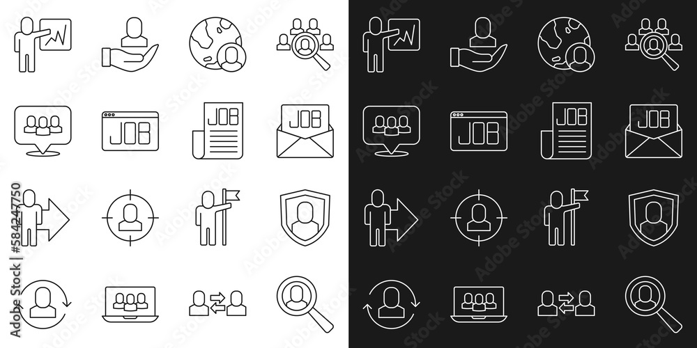 Set line Magnifying glass for search job, User protection, Search, Globe and people, Project team base, Leader of of executives and icon. Vector