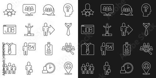 Set line Worker location, Magnifying glass for search job, Tie, Project team base, Productive human, Search, and Leader of of executives icon. Vector