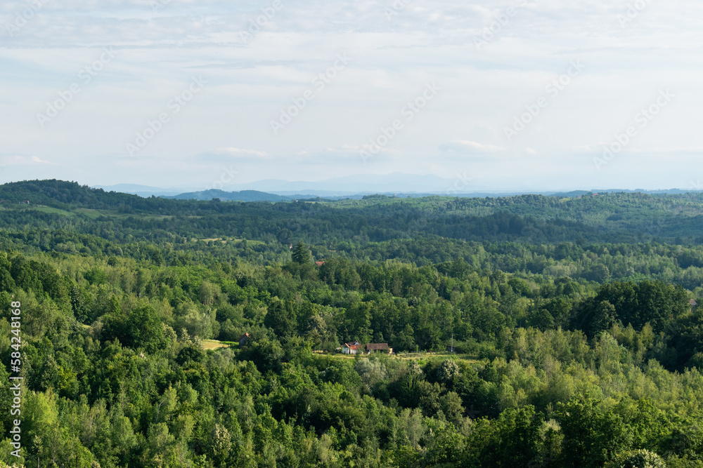 Fototapeta premium Hilly countryside with lush forest and scattered houses, sunny summer day with air haze in distance