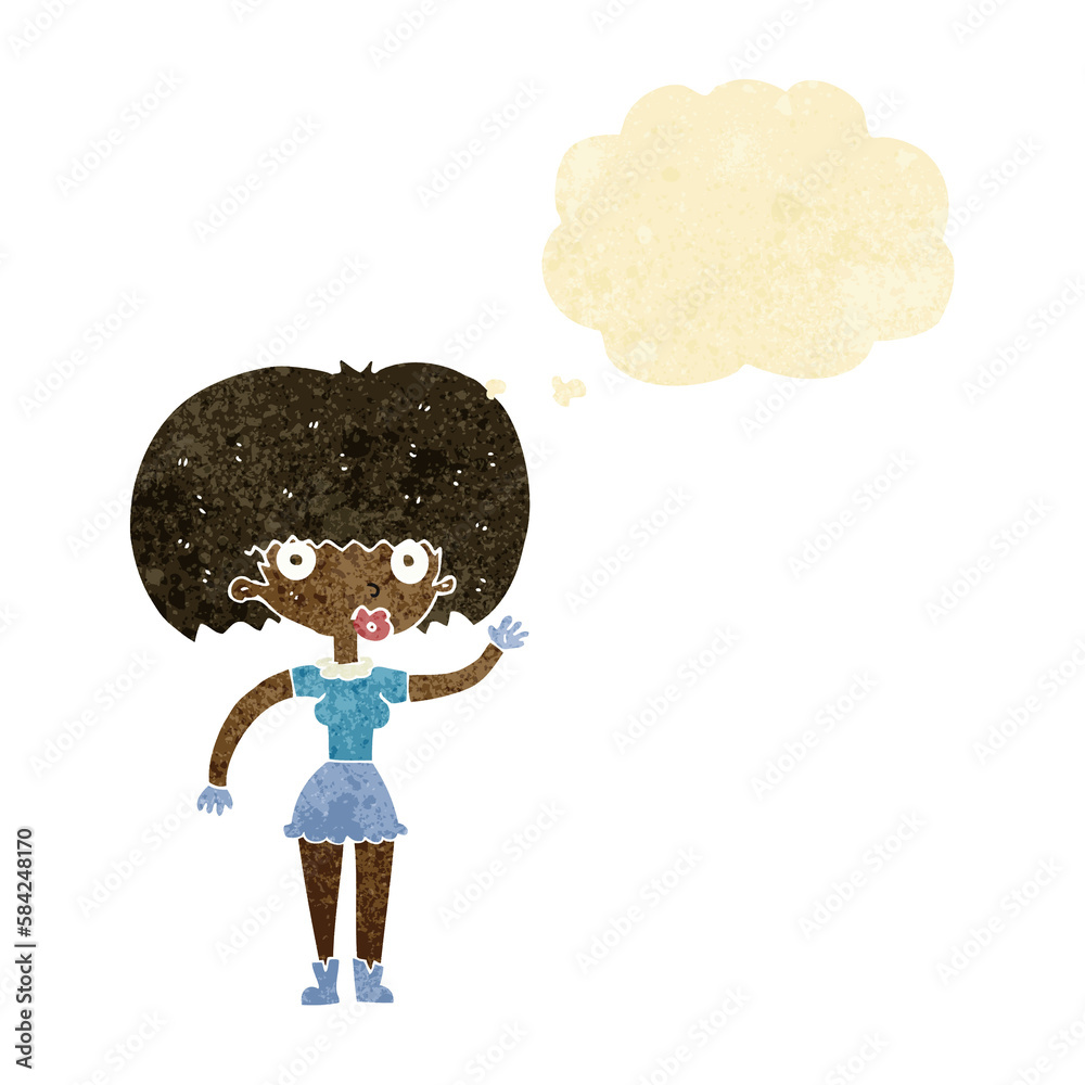 cartoon woman waving with thought bubble cartoon woman waving with thought bubble