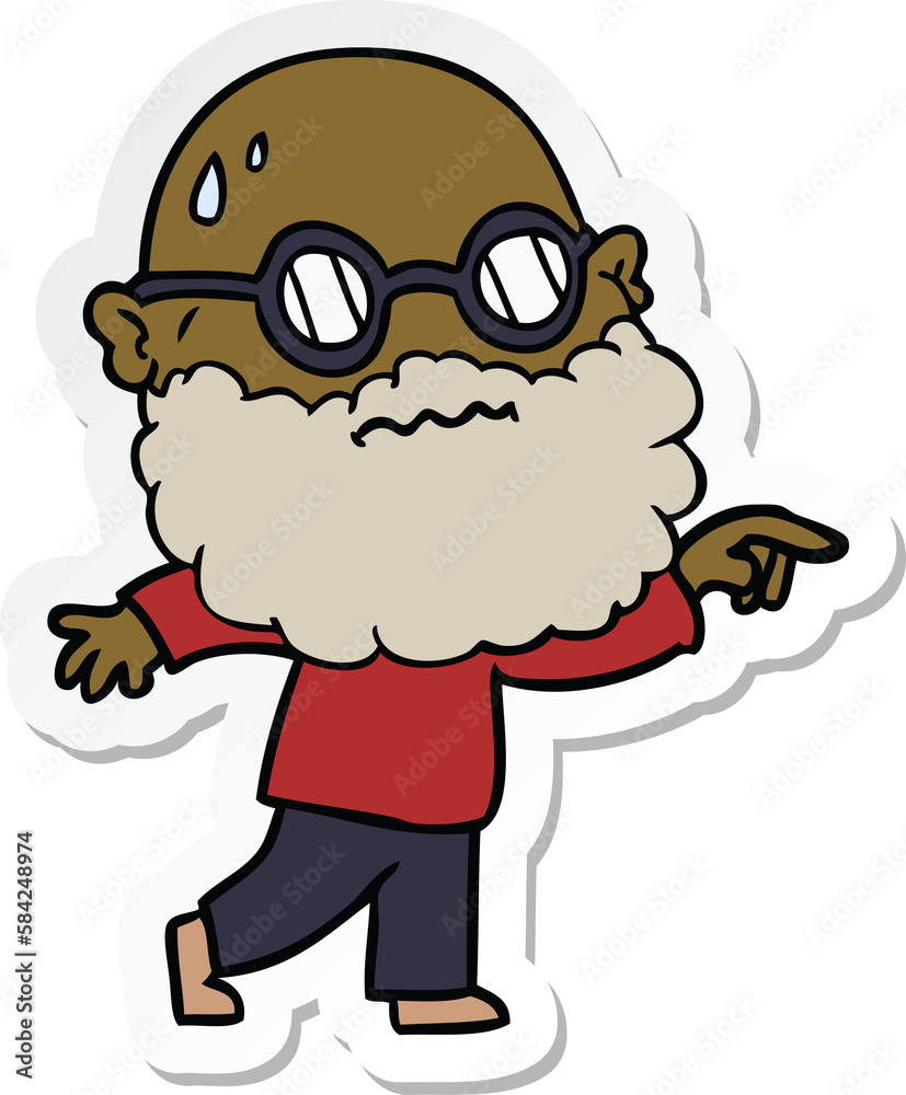 sticker of a cartoon worried man with beard and spectacles pointing finger sticker of a cartoon worried man with beard and spectacles pointing finger