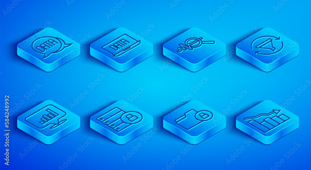 Set line Data analysis, Search data, Server security with padlock, Folder and, Sales funnel chart, Pie infographic and Financial growth decrease icon. Vector Set line Data analysis, Search data, Server security with padlock, Folder and, Sales funnel chart, Pie infographic and Financial growth decrease icon. Vector