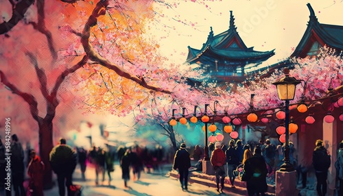 a lot of people walk in spring festival in Japan with cherry blossom tree and old ancient castle as background, Generative Ai