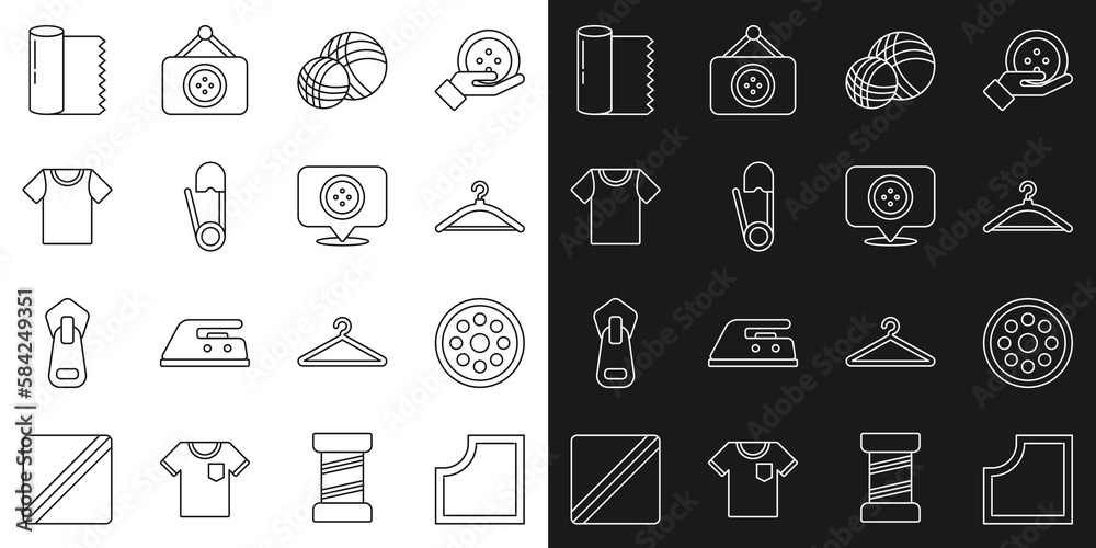 Set line Sewing Pattern, button, Hanger wardrobe, Yarn ball, Safety pin, T-shirt, Textile fabric roll and Location tailor shop icon. Vector