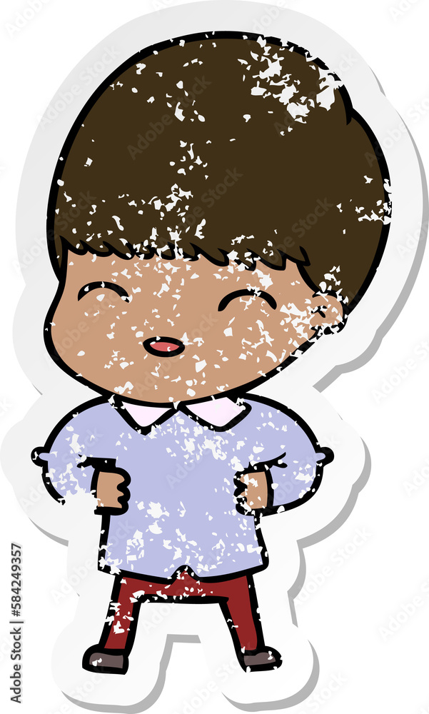 distressed sticker of a happy cartoon boy