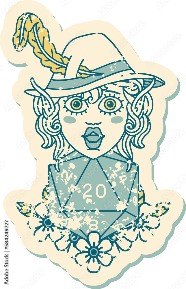 elf bard character with natural twenty dice roll illustration elf bard character with natural twenty dice roll illustration