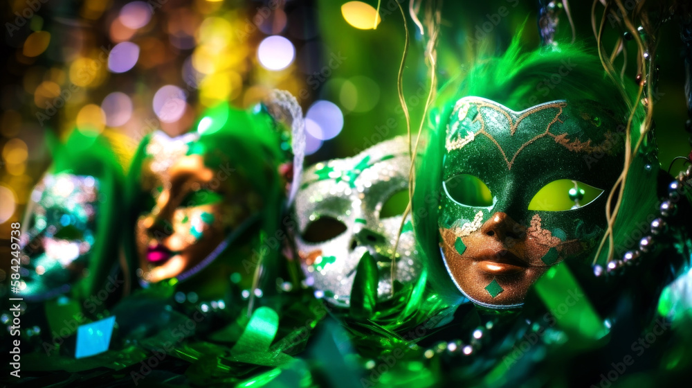 Exquisite Venetian masks on a Green glitter background with shiny streamers and bokeh lights. Perfect for a masquerade party. Generative AI 