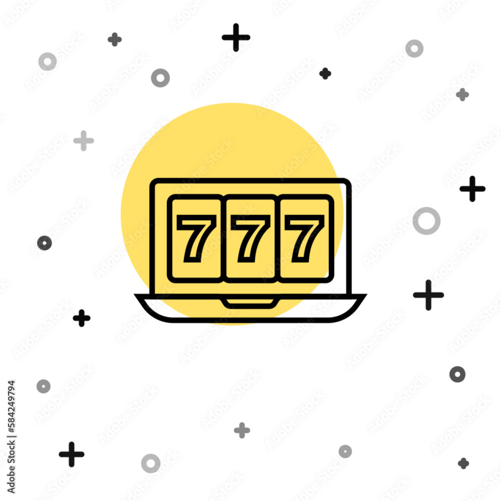 Black line Online slot machine with lucky sevens jackpot icon isolated on white background. Online casino. Random dynamic shapes. Vector Black line Online slot machine with lucky sevens jackpot icon isolated on white background. Online casino. Random dynamic shapes. Vector