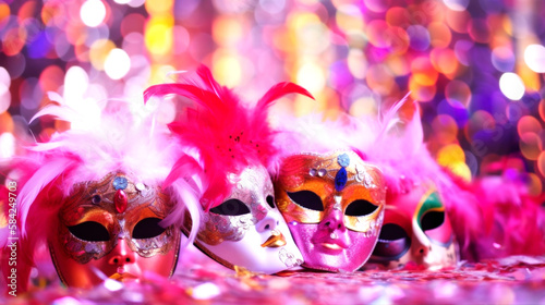 Exquisite Venetian masks on a pink glitter background with shiny streamers and bokeh lights. Perfect for a masquerade party. Generative AI 