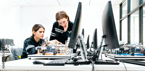 Engineer woman working on AI technology in robotics and electronics engineering laboratory. University students' research project is programming robot machine with intelligent mechanical control
